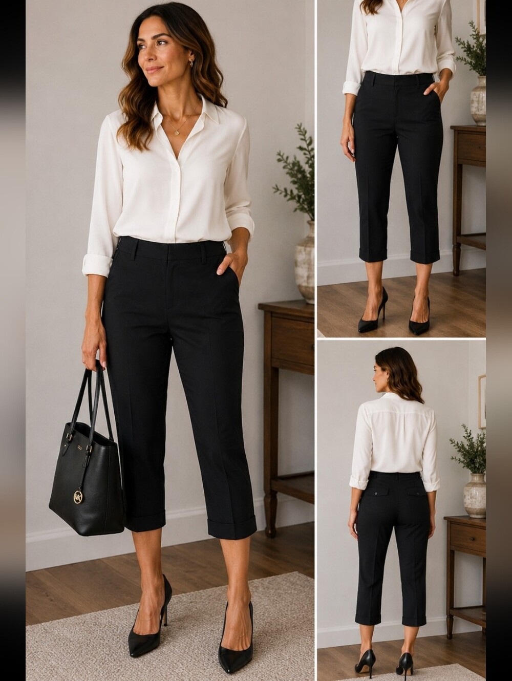 Michael Kors Black Cropped Trousers Size 16 High Rise Cuffed Hem Dress Pants New